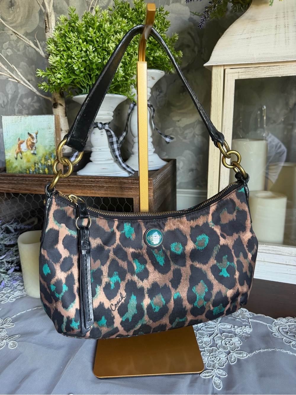 Coach Signature Stripe Ocelot Leopard Print Small Shoulder Bag Purse